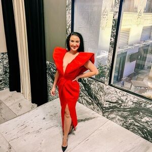 Medium Mable red dress with puff sleeves and deep v neck, open back 🌹🍷